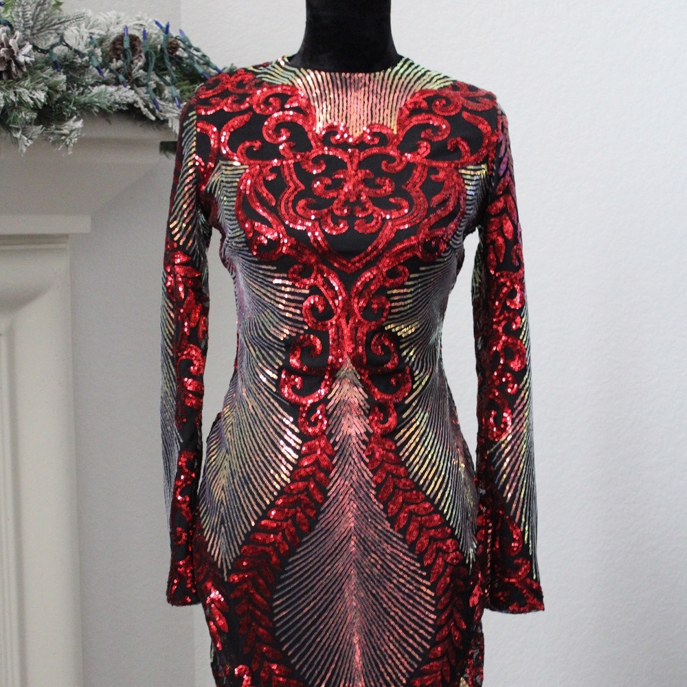 Love & Lemonade Party Cocktail Formal Shiny Dress Long Sleeve Kneelength